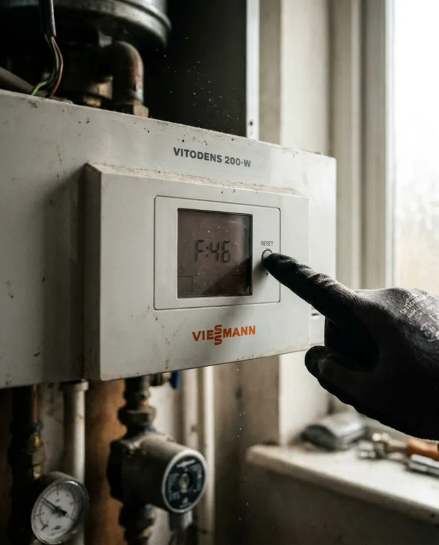 Bedieningspaneel en display van een Viessmann Vitodens 200-W met een foutcode