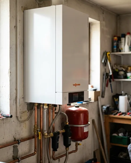 Viessmann Vitodens condensatieketel met nieuw koperen leidingwerk, gaskraan, rood expansievat en zwart magnetietfilter
