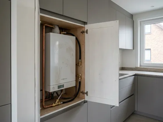 Witte Viessmann Vitodens condensatieketel netjes weggewerkt in een keukenkast, met nieuwe aansluitingen
