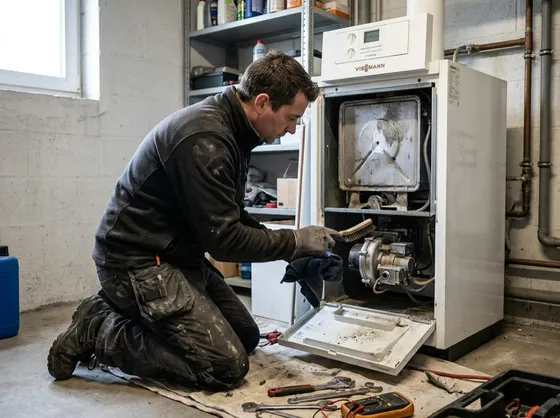 Technicus voert onderhoud uit op een geopende Viessmann Vitodens-ketel, met reiniging van de brander
