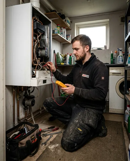 Technicus in werkkledij meet met een multimeter aan het opengewerkte binnenwerk van een Viessmann Vitodens