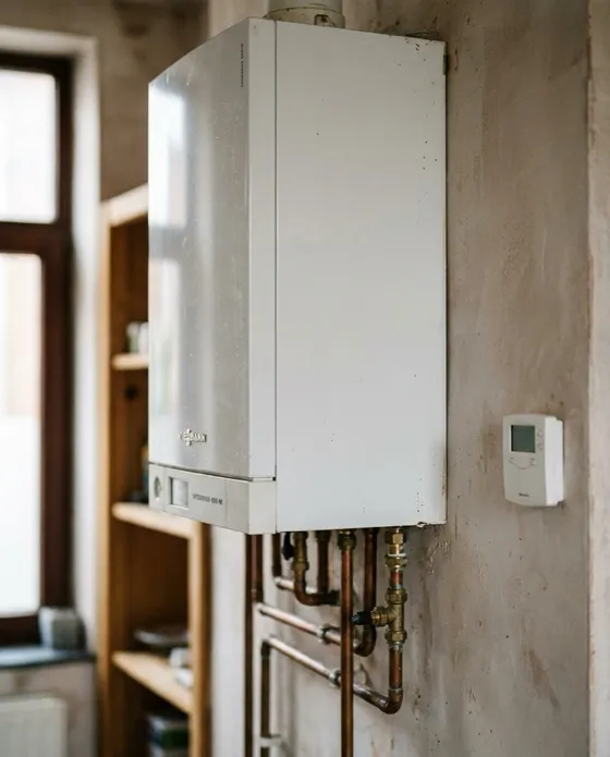 Witte Viessmann Vitodens wandketel, netjes geplaatst met een draadloze kamerthermostaat ernaast